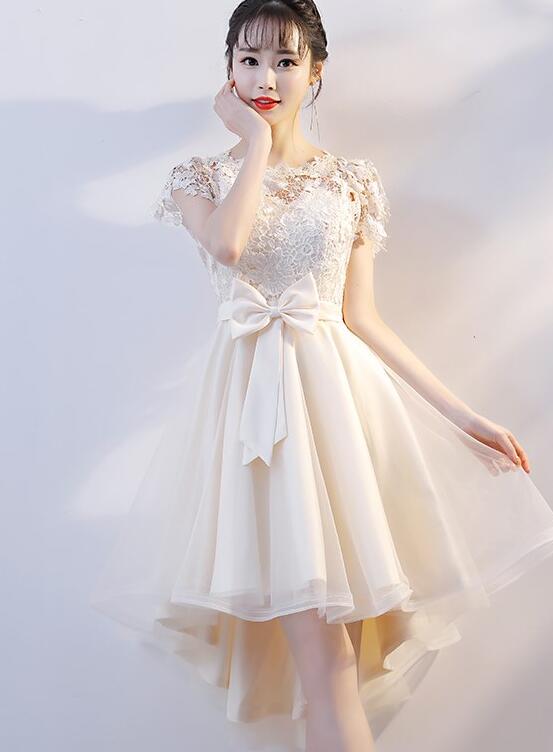 Lovely Champagne Tulle High Low Party Dress, Cute Lace Homecoming Dres ...