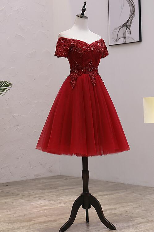 Tulle Dark Red Off the Shoulder Knee Length Homecoming Dress, Red Part ...
