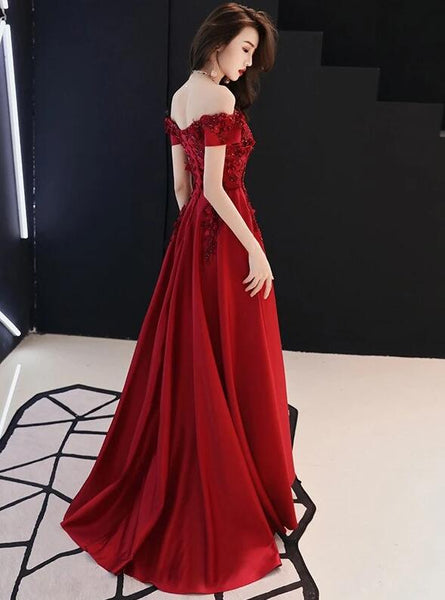 Lovely Off Shoulder Satin Wine Red Long Prom Dress, Charming Formal Go ...