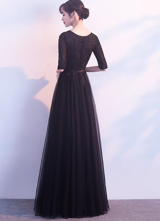 Charming Black Tulle Long Party Dress, Lace Applique Prom Dress ...