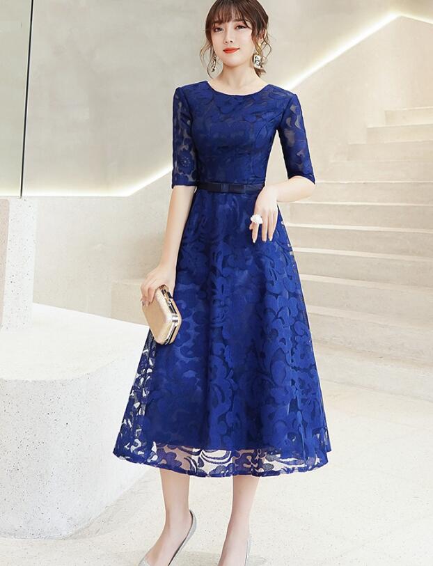 Fashionable Lace Blue Short Sleeves Bridesmaid Dress, Wedding Party Dr ...