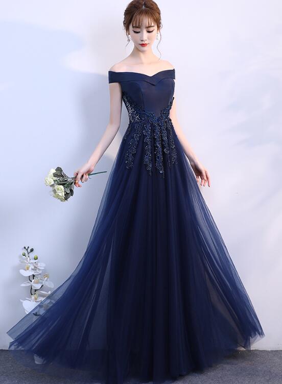 Navy Blue Off Shoulder Tulle A-line Long Evening Dress, Simple Prom Dr ...