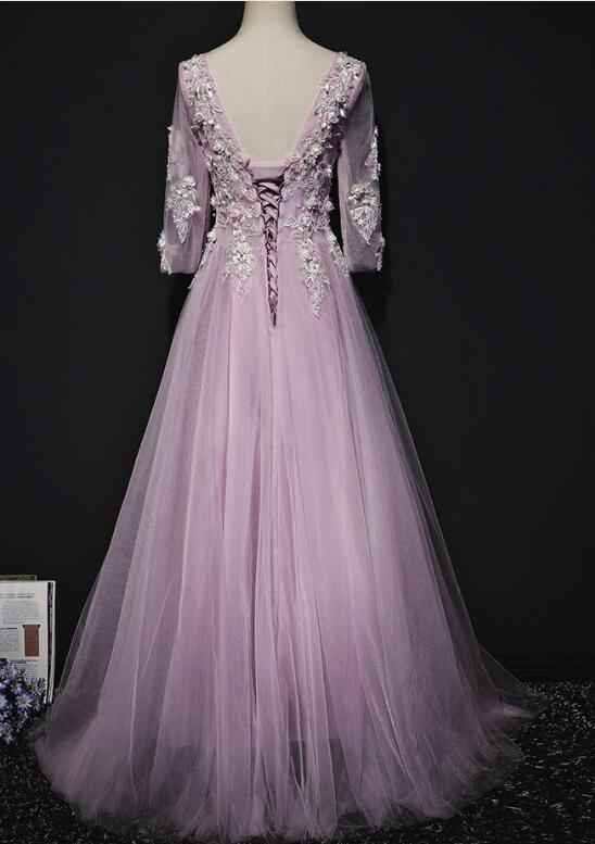 Pink Long Sleeves Tulle with Flowers V-neckline Prom Dress, A-line Pin ...