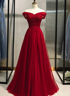 Gorgeous Off Shoulder Beaded Red Tulle Long Prom Dresses, Red Formal  Evening Dresses, Beaded Ball Gown SP2561