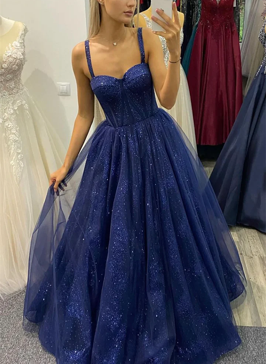 Navy Blue Shiny Tulle Straps Sweetheart Party Dress, A-line Blue Prom ...