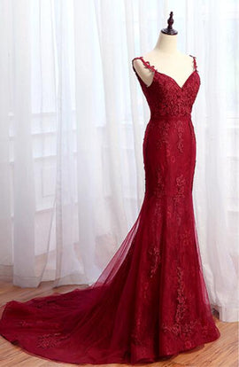 Long Sleeves V-neck Ball Gowns Lace Burgundy Prom Dresses,BD98166 –  luladress