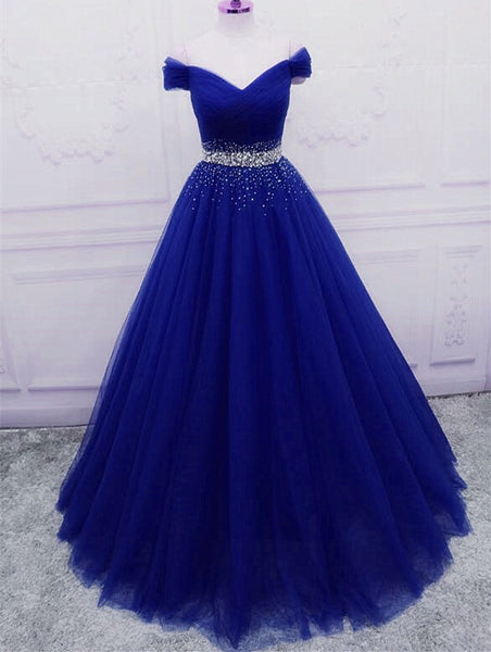 Elegant Royal Blue Tulle Sequins Prom Dress 2020, A-line Long Party Dr ...