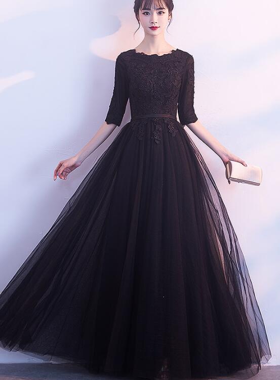 Charming Black Tulle Long Party Dress, Lace Applique Prom Dress ...
