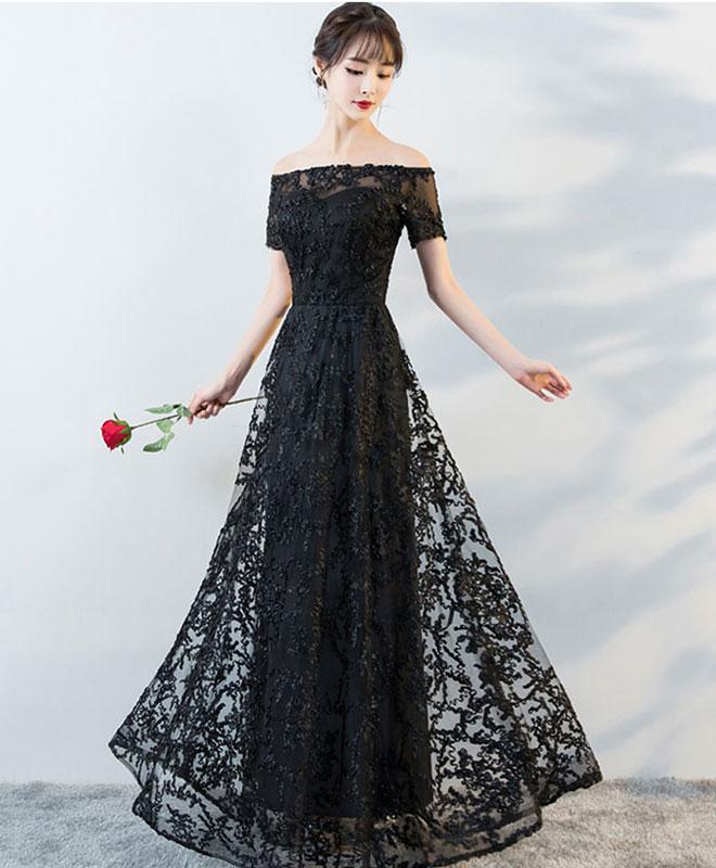 Black Off Shoulder Lace Bridesmaid Dress, Lace Party Gowns – Cutedressy