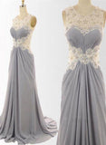 Grey Lace And Chiffon Long Wedding Party Dress, Grey Floor Length Prom Dresses