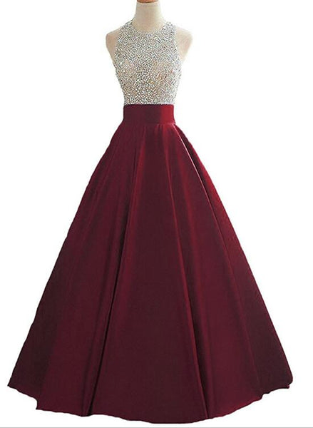 Pretty Wine Red Halter Long Satin Beaded Prom Dress Keyhole Back Prom Bemybridesmaid