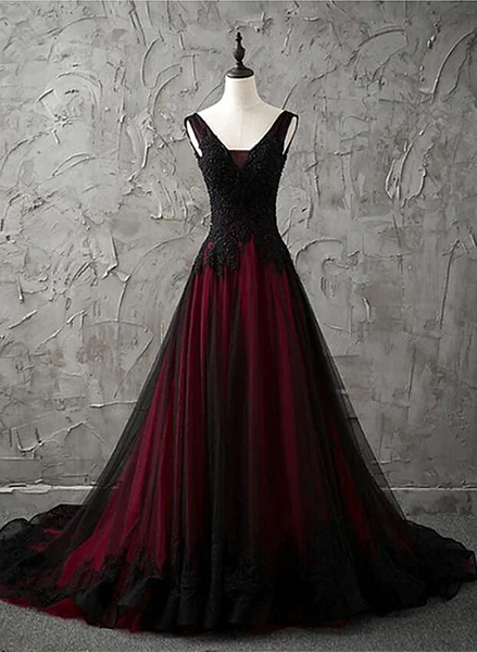 Black and Wine Red V-neckline Long Party Dress, Tulle Evening Dress wi ...