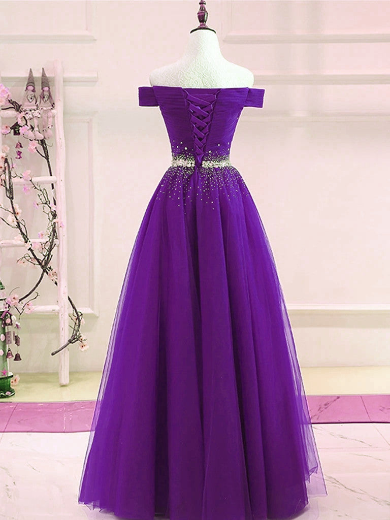 Purple Tulle Off Shoulder Long Party Dress, Beaded A-line Prom Dress ...