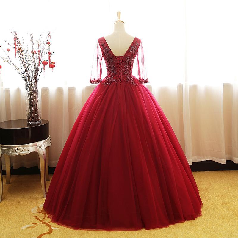 Wine Red 1/2 Sleeves Tulle Formal Gown 2019,Long Party Dress 2019 ...