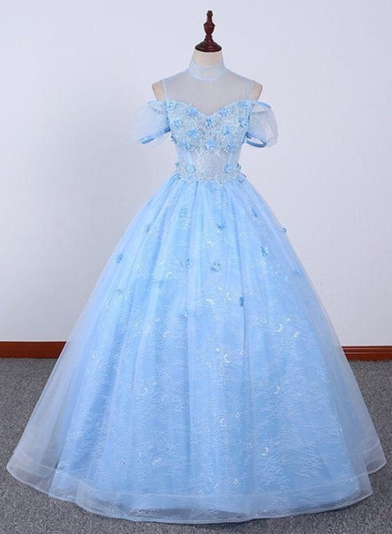 Light Blue Lace High Neck Lace Applique Ball Gown, Lace Sweet 16 Dress ...