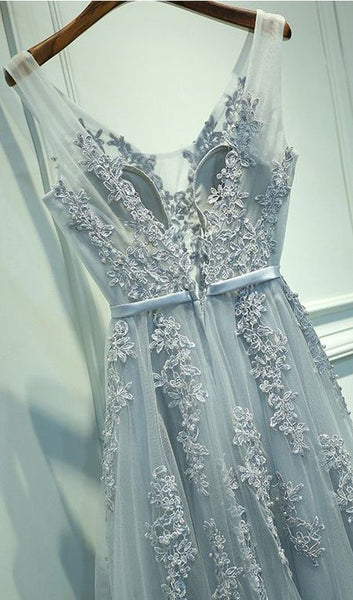 Grey Romantic Lace V-neckline Formal Gowns, Applique Long Prom Dress ...
