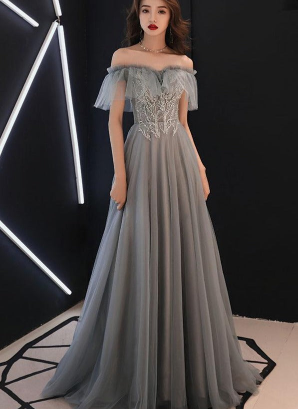 Grey Tulle Sweetheart Floor Length Sweetheart Long Formal Prom Dress ...