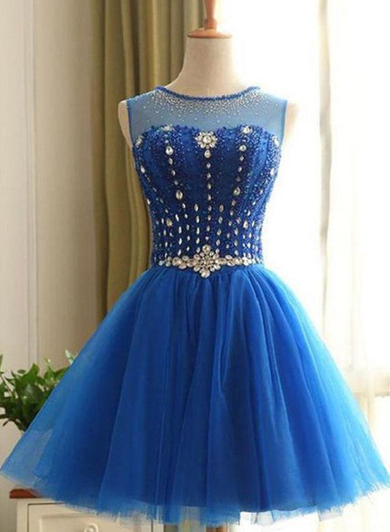 Cute Blue Beaded Knee Length Homecoming Dress, Short Prom Dress ...