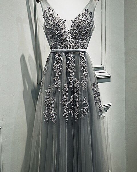 Grey Romantic Lace V-neckline Formal Gowns, Applique Long Prom Dress ...