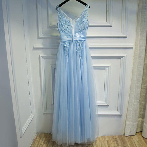 Light Blue V-neckline Charming Prom Gowns, Blue Formal Dress with Belt ...