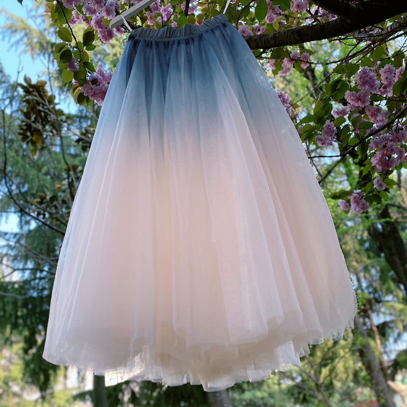 Beautiful Blue and Pink Tulle Gradient Long Skirt, Lovely Women Skirts