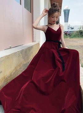 Elegant Wine Red Long Off Shoulder Velvet Party Dress, A-line Long