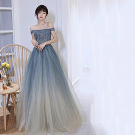 DDreamdressy Light Blue Tulle Off-The-Shoulder Tiered A-Line Prom Dress Light Blue / US 10