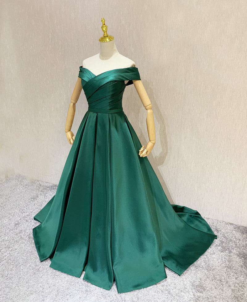 Dark Green A-line Sweetheart Off Shoulder Satin Junior Prom Dress, Gre ...