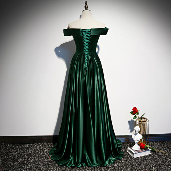 Green Satin with Gold Lace Off Shoulder Long Evening Dress, Green Prom ...