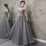 Grey Chic Tulle Beaded Sweetheart Lace-up Long Party Dress, Grey Prom Dresses Sweet 16 Dresses