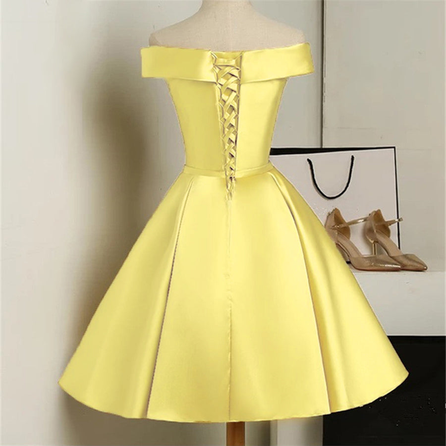 Lovely Yellow Satin Off Shoulder Short Prom Dress, Yellow Prom Dress ...
