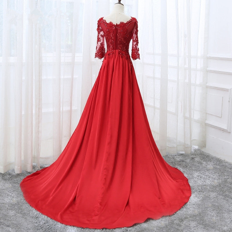 Beautiful Red Satin Short Sleeves Long Party Dress, Red Prom Dress ...