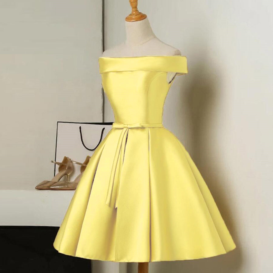 Lovely Yellow Satin Off Shoulder Short Prom Dress, Yellow Prom Dress ...