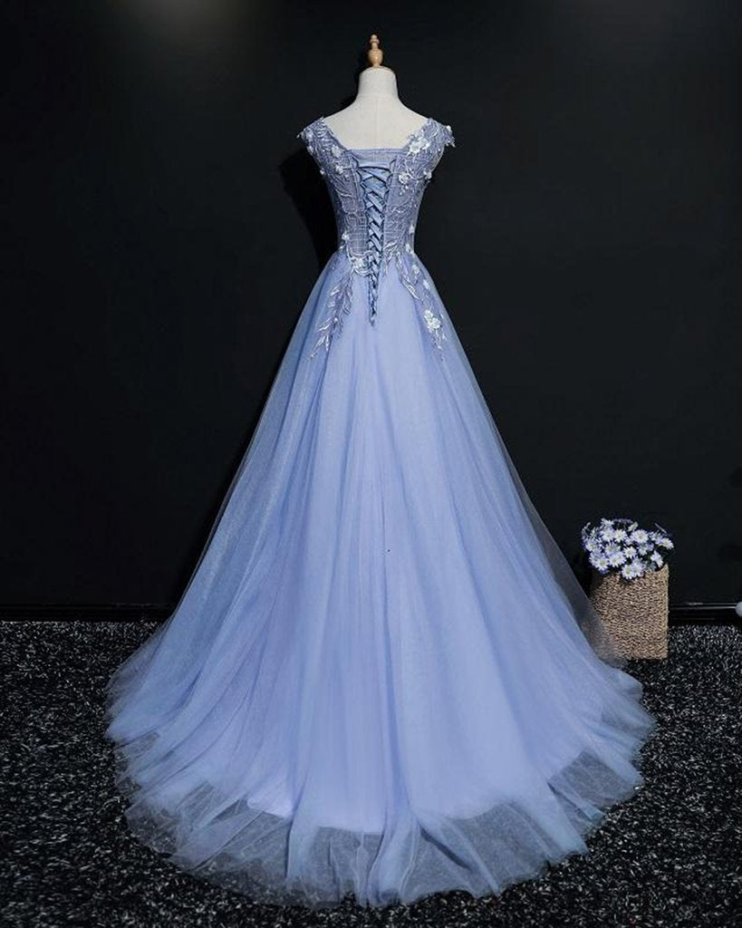 Blue Tulle V-neck Lace Flowers A-line Prom Dress, Blue Formal Dress Ev ...