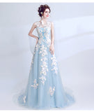 Light Blue Long V Back Formal Dress with Lace Applique, Blue Prom Dresses Party Dress