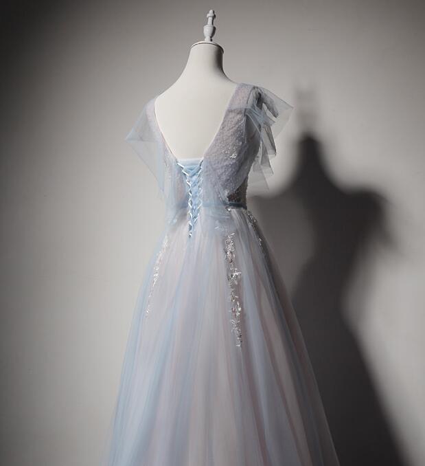 Light Blue and Pink V-neckline Tulle with Lace Evening Dress, A-line L ...