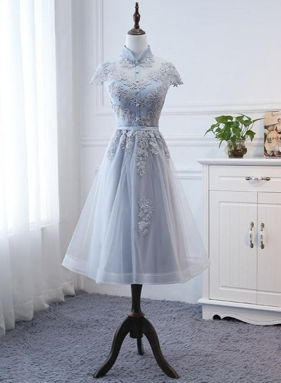 Light Grey Tulle with Lace Short Party Dress Homecoming Dress, Cap Sle ...