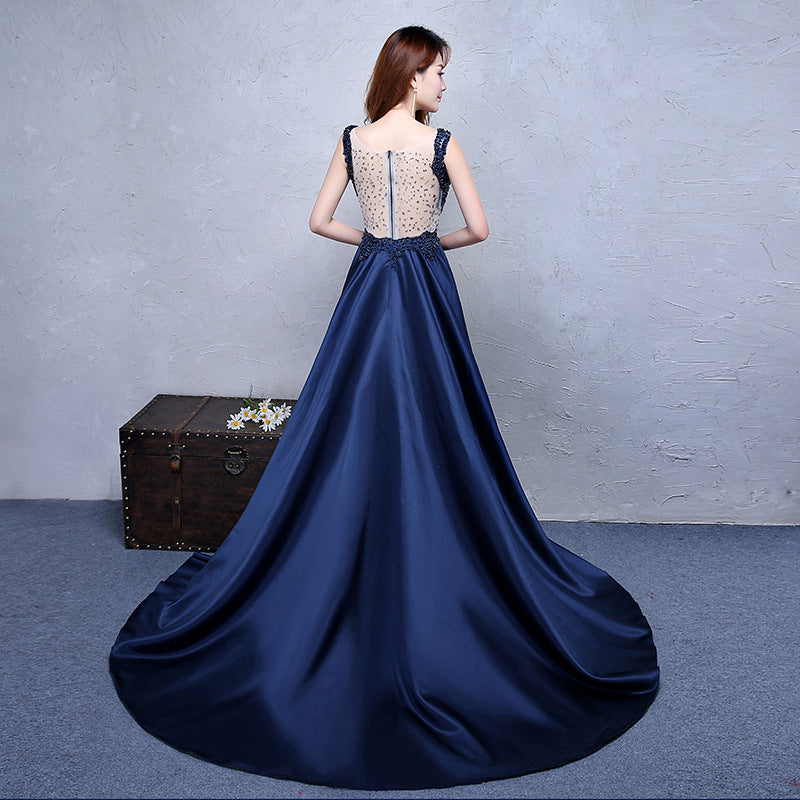 Navy Blue Satin with Lace Beaded Long Junior Prom Dress, Blue Satin Pa ...