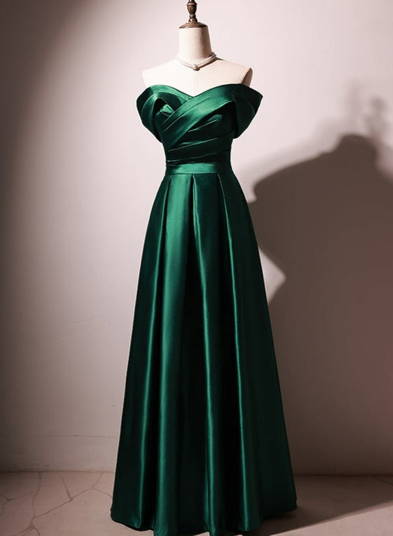 Beautiful Green Satin A-line Off Shoulder Prom Dresses, Green Evening ...