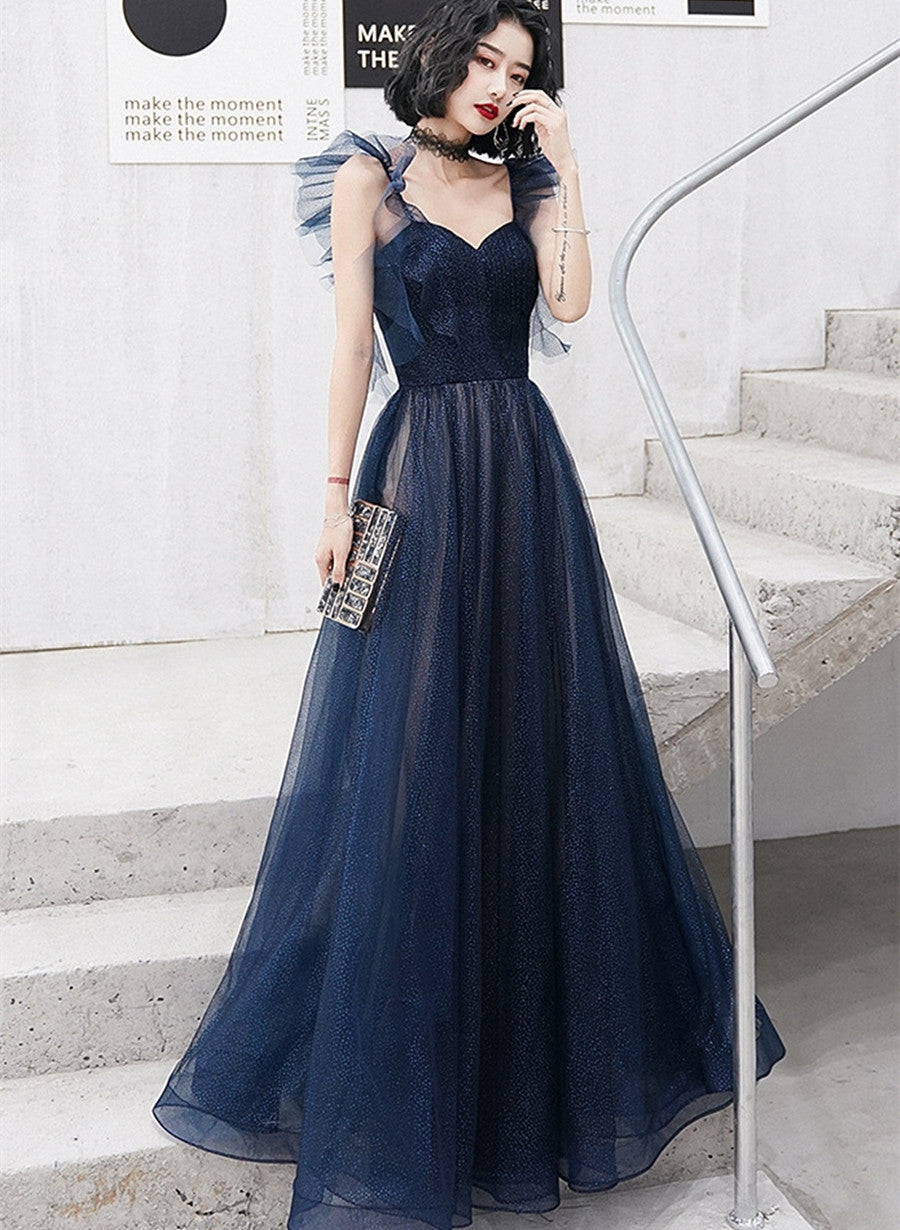 Navy Blue Tulle Sweetheart A-line Long Formal Dress, Blue Prom Dress P ...