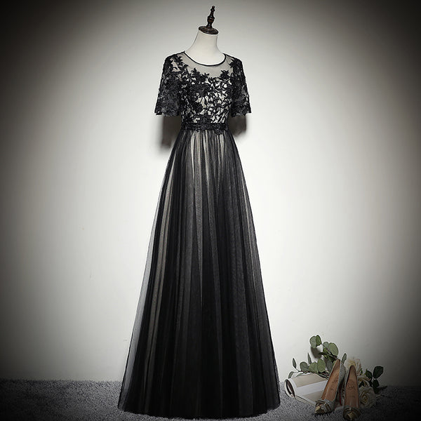 Black Tulle Long Prom Dress 2020, Black Party Dress with Lace Applique ...