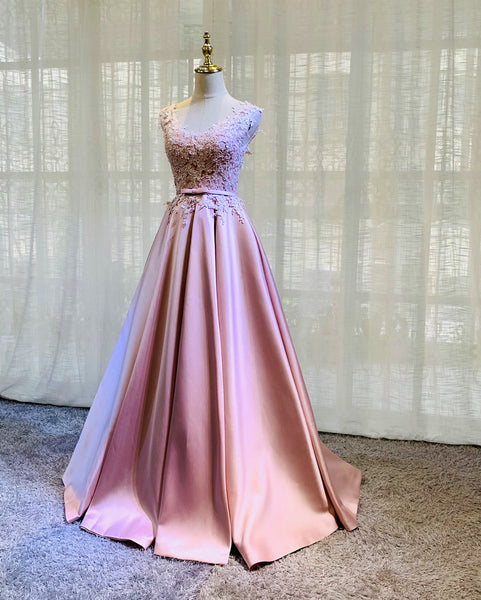 Pink Lace and Satin Floor Length Junior Prom Dress, Long Evening Dress ...