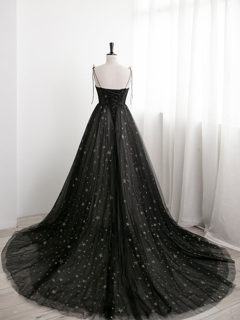 Black Sweetheart Tulle Straps Long Evening Dress, Black Formal Dress P ...