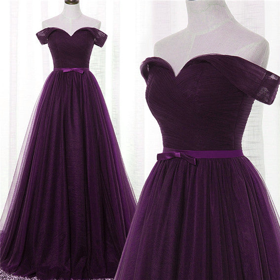 Dark Purple Tulle Off Shoulder Lace-up Formal Gown, Long Senior Prom D ...