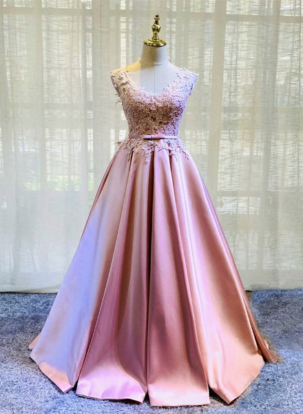 Pink Lace and Satin Floor Length Junior Prom Dress, Long Evening Dress ...