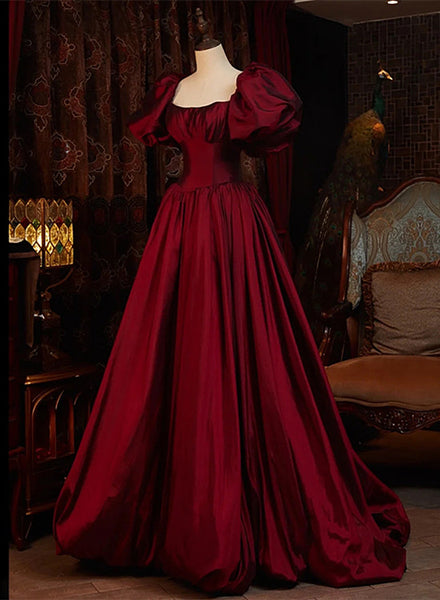 Wine Red Short Sleeves Floor Length Long Evening Dresses, Ball Gown Fo ...