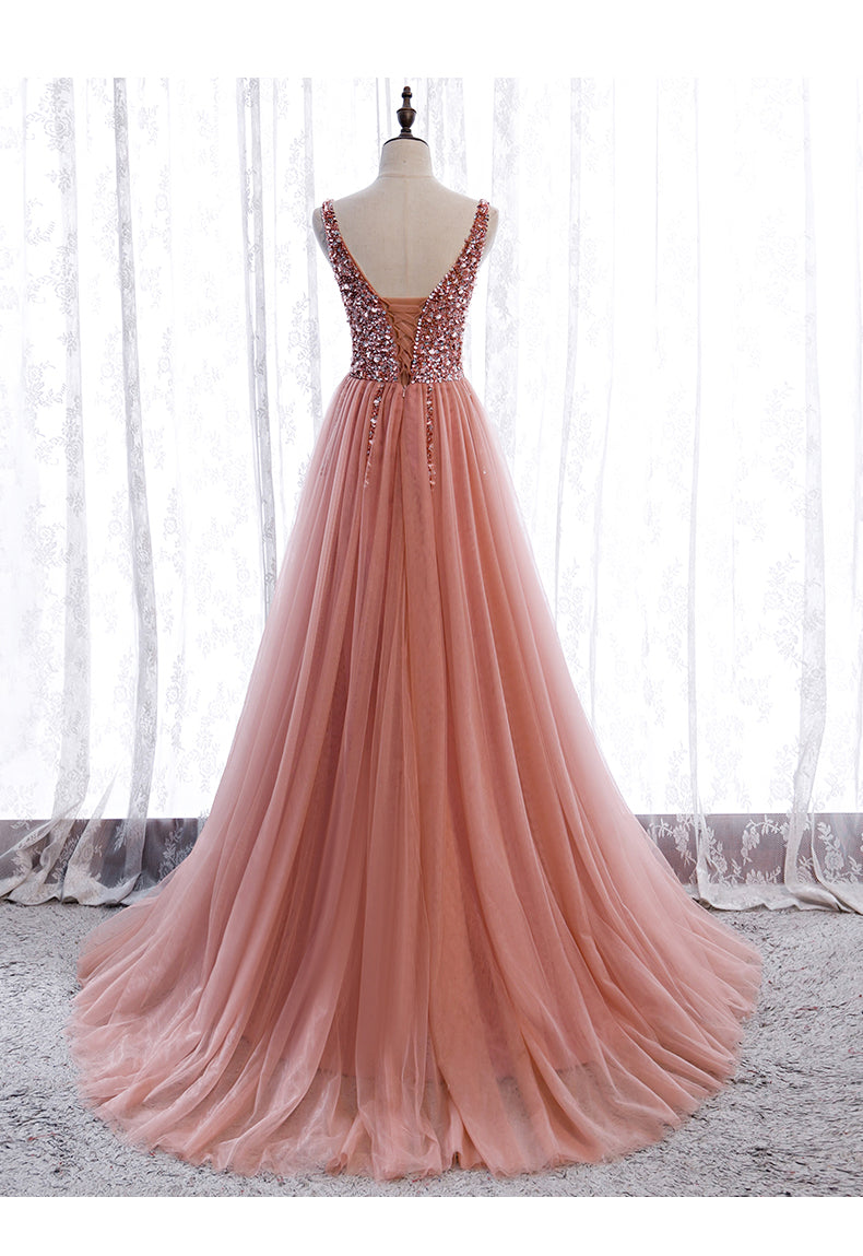 Pink Long Sparkle Beaded Tulle Slit Prom Dresspink V Neckline Evening Cutedressy 