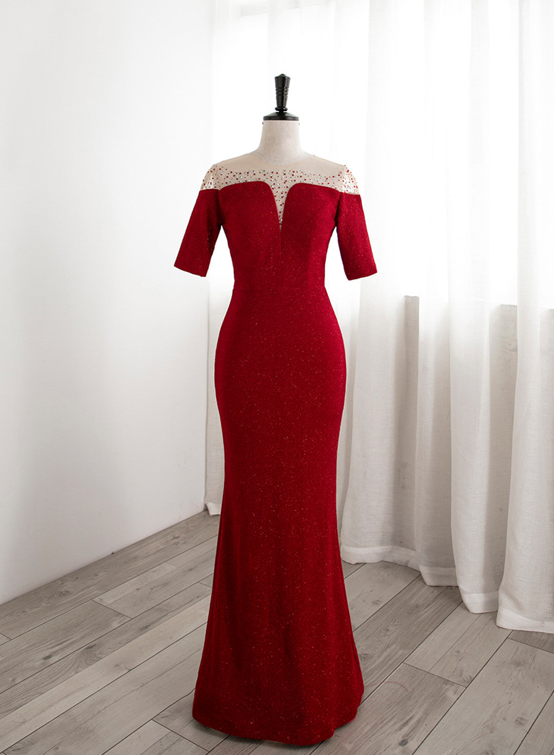Red Mermaid Round Neckline Short Sleeves Party Dress, Red Evening Gown ...