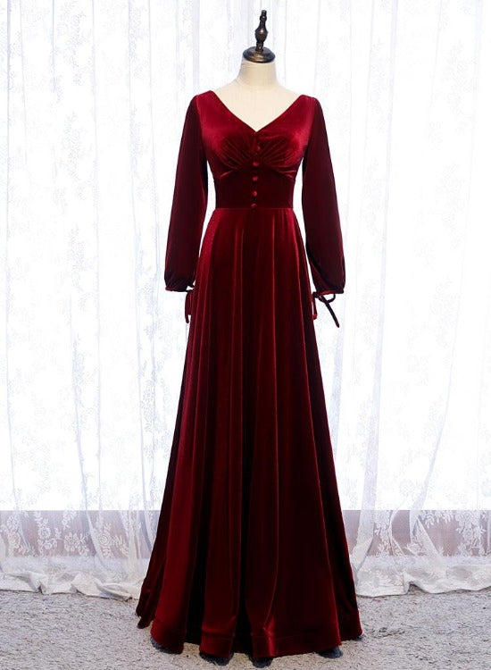 Charming Dark Red Velvet Long Sleeves A-line Party Dress, Bridesmaid D ...