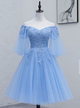 Light Blue Lace Homecoming Dresses Short Prom Dress SD1405 - Light Blue /  US2